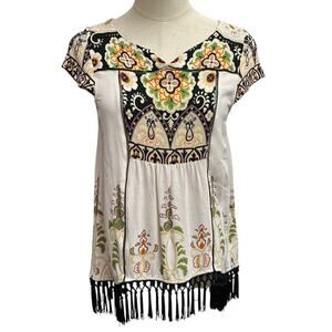 ANTHROPOLOGIE Size XS Augustina Fringe Tunic Top by Vanessa Virginia Hi Low Boho